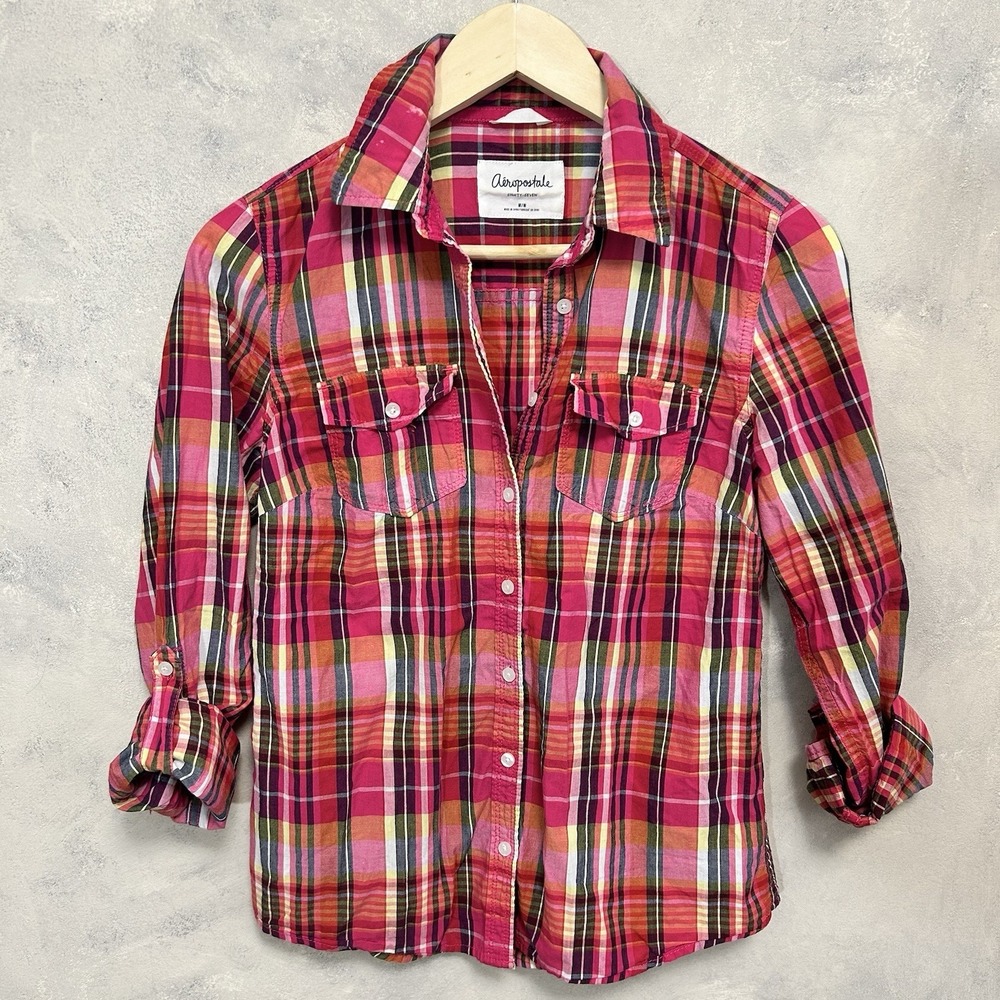 Y2K Plaid Button Up Shirt Pink Pop Princess Grunge Medium  Skater Aeropostale